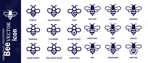 Set of bee vector icons isolated on white background, different bee concepts, flat style, logo