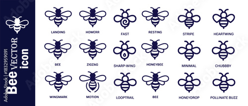 Set of bee vector icons isolated on white background, different bee concepts, flat style, logo