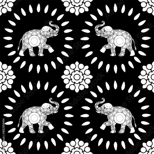 Black and white vector of an intricately patterned elephant surrounded by detailed floral motifs in a decorative ornamental style.