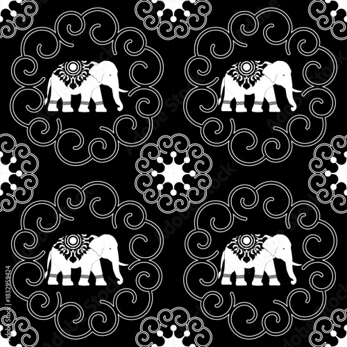 Black and white vector of an intricately patterned elephant surrounded by detailed floral motifs in a decorative ornamental style.