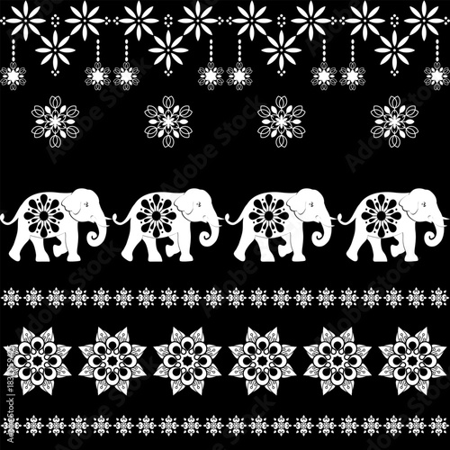 Black and white vector of an intricately patterned elephant surrounded by detailed floral motifs in a decorative ornamental style.
