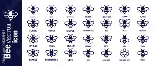 Bee vector icon set with various bee styles and movements for nature-themed designs