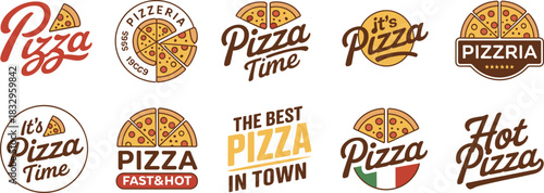Vintage pizza logo collection featuring slices, bold typography, pizzeria branding badges, classic restaurant food icons, retro emblem set design illustration