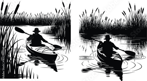 Black and white vector silhouette of a kayaker paddling through a peaceful swamp, surrounded by reeds, capturing nature, serenity, and adventure.