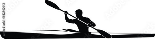 Black vector silhouette of an athletic man paddling a competitive sprint kayak, capturing power, intensity, professional watersports, and physical fitness.