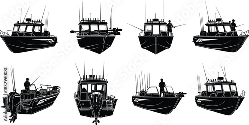Eight black and white vector silhouettes of professional offshore fishing boats with outboards, rods, and fishermen, capturing the full range of sport fishing vessels.