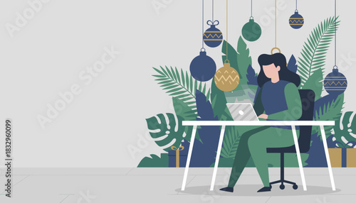Professional woman working remotely on laptop in a festive tropical office environment
