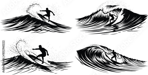 Set of four black vector silhouettes of surfers riding massive, crashing ocean waves with spray, capturing extreme action, power, and competitive watersports.