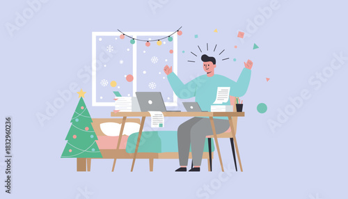 Happy remote worker celebrates finishing tasks in a festive home office for Christmas