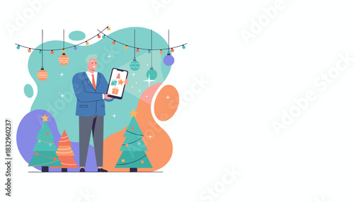 Professional using tablet for holiday ecommerce amidst Christmas decorations and trees
