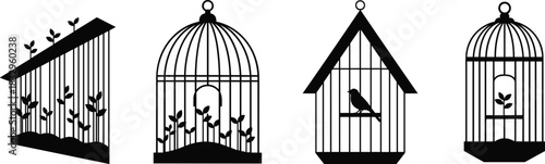 Set of four black vector silhouettes showing various bird cages, one with a bird, others with growing sprouts, symbolizing freedom, nature, and growth.