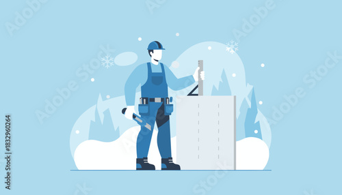 Worker measuring insulation in cold winter weather Construction heating and maintenance service concept