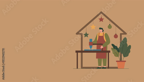 Artisan using laser cutter in a decorated workshop Small business Christmas market craft production