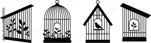 Set of four black vector silhouettes showing various bird cages, one with a bird, others containing foliage, symbolizing protection, nature, and home decor.