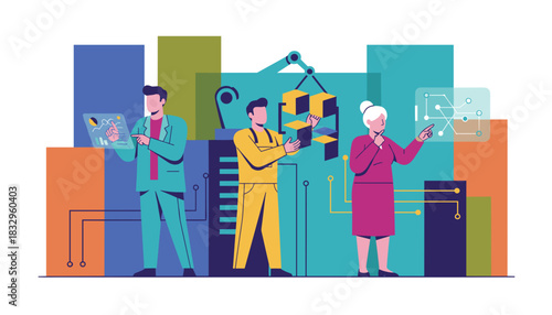 Diverse team analyzing data and managing industrial automation with advanced digital technology