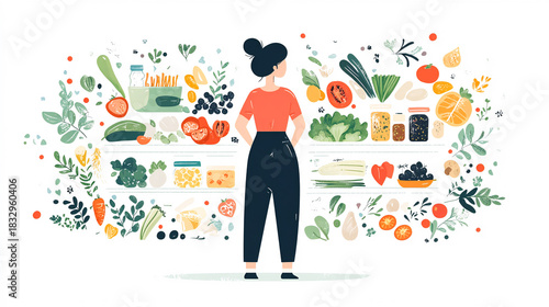 Healthy meal planning concept with daily food ingredients list, tiny person illustration, weekly eating schedule for slimming, detox, and wellness, calorie counting, clean modern vector design ideal 