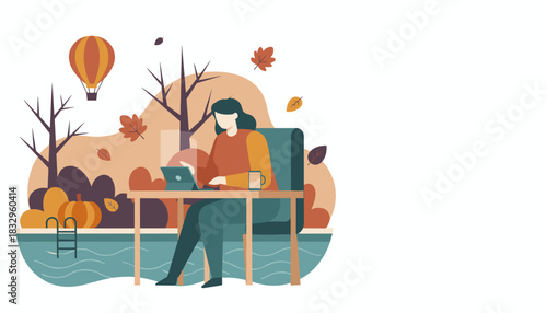 Digital nomad working outdoors on a tablet in an autumn setting with a pool and falling leaves