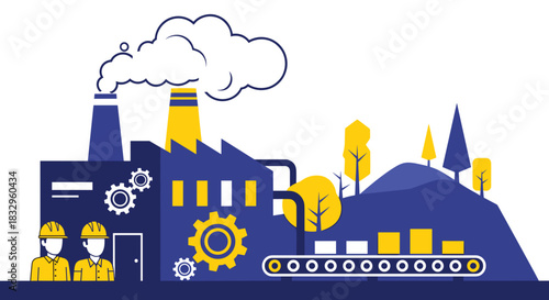 Manufacturing factory illustration with workers gears and conveyor belt production line