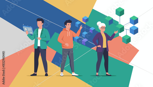 Multigenerational team managing decentralized data network blockchain and digital technology strategy