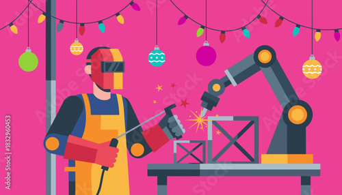 Welder and robotic arm build metal structures under festive Christmas lights