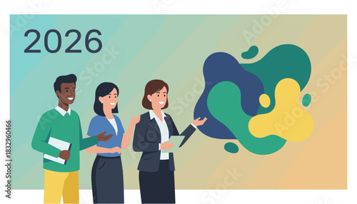 Diverse business team planning 2026 strategy with abstract modern graphics and teamwork
