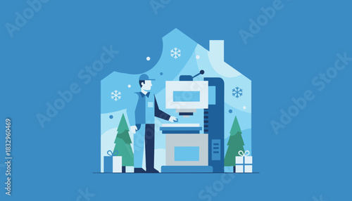 Worker operates machinery in a winter industrial setting framed by snow and festive gifts