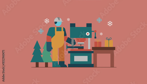 Industrial worker operating machinery during the winter holidays with trees and gifts