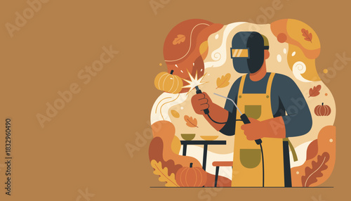 Welder in mask and apron making autumn art with a pumpkin Craftsmanship and fall season concept