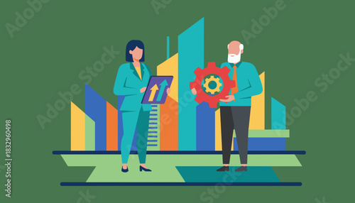 Business teamwork for strategy and growth Professionals holding gear and growth chart