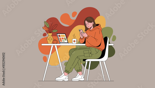 Young woman checks phone while working at home desk Autumnal WFH digital communication