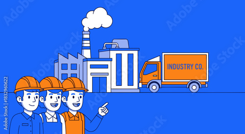 Team of industry workers with hard hats pointing at a factory building and logistics delivery truck