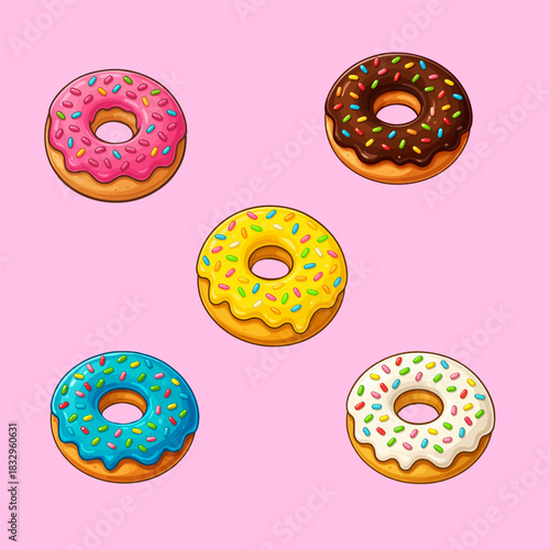 Cute colorful donuts with glaze and sprinkles. Cartoon dessert clipart set for stickers, packaging design, bakery branding, kids products, scrapbooking and sweet party decorations. Transparent backgro