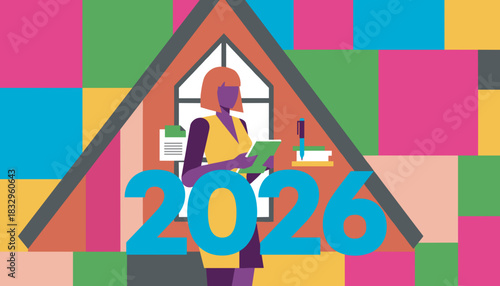 Businesswoman planning 2026 goals Vibrant illustration of future strategy and annual work