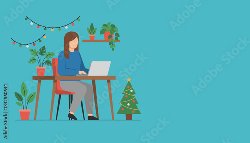 Woman working remotely on laptop in a festive home office decorated with plants and Christmas lights