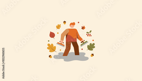 Fall chores and seasonal maintenance Person working outdoors with cleaning tools flat vector art