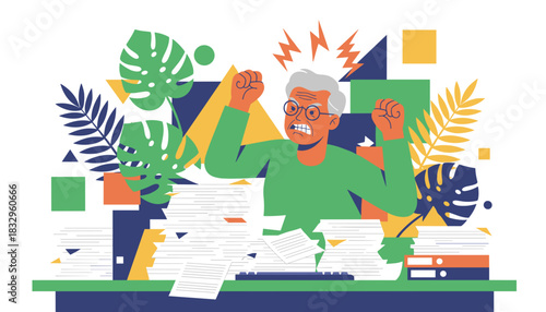 Angry senior man overwhelmed by paperwork and job stress frustrated with too much work