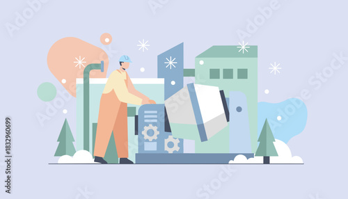 Flat illustration of a construction worker operating a concrete mixer at an industrial site
