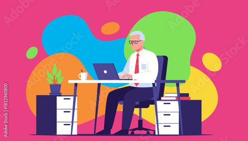 Senior businessman working remotely on a laptop in a vibrant modern office illustration