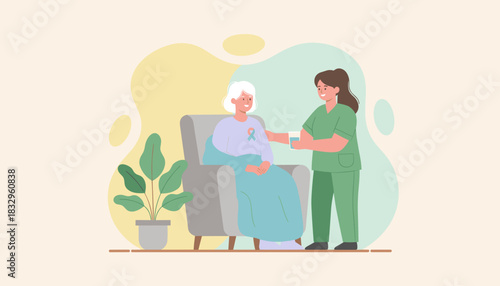 Caregiver assists senior patient with an illness awareness ribbon symbolizing professional compassion and health support