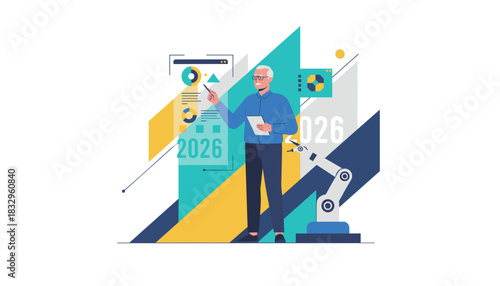 Business planning for 2026 Executive analyzes data with robotic automation concept