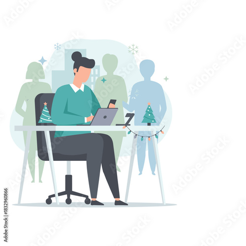 Business professional working at a desk in a festive office balancing holiday spirit and workflow