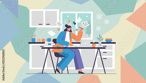 Joyful remote work and creative flow during a snowy winter day in a home office setting