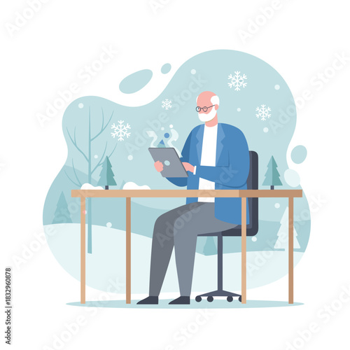 Elderly man uses a tablet for remote work during winter holidays Modern business technology illustration