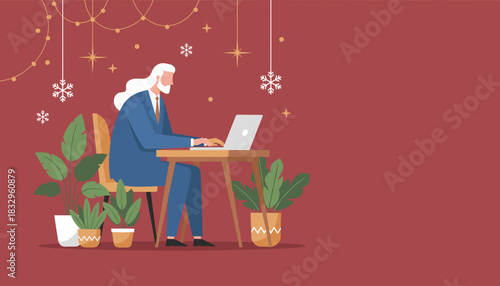 Senior businessman working on laptop at a desk decorated with festive winter holiday decorations