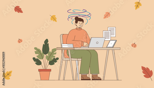 Creative work flow state illustration Happy person focused on laptop in a cozy autumn home office