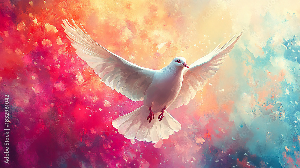 Obraz premium Holy Spirit dove on an abstract colorful watercolor backdrop, vibrant digital art painting, spiritual Christian illustration, bright devotional artwork ideal 