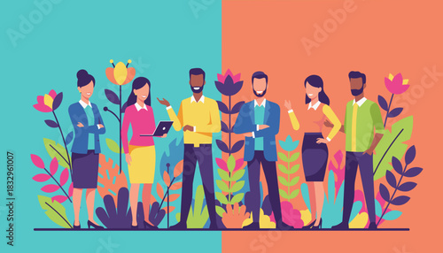 Diverse business team illustration with vibrant flowers symbolizing growth and collaboration