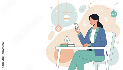 Professional woman uses phone at desk decorated for Christmas Holiday work and communication