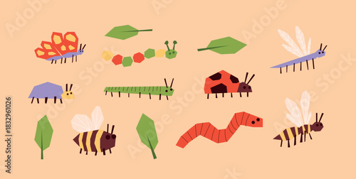 Childlike Colourful Insects with Butterfly, Caterpillar, Dragonfly, Bee, Beetle and Worm, drawn in geometric shapes. Bright Childish Bug Cartoon set for stickers and kids decor. Vector Illustration