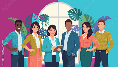 Happy diverse business team portrait in a vibrant modern office with lush tropical plants